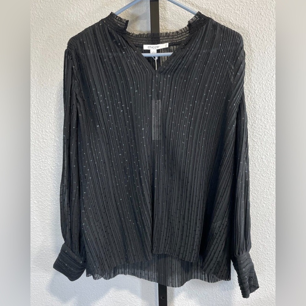 Chico's Black Metallic Pleated Chiffon Blouse Top Flowy Flattering Size 16 XL